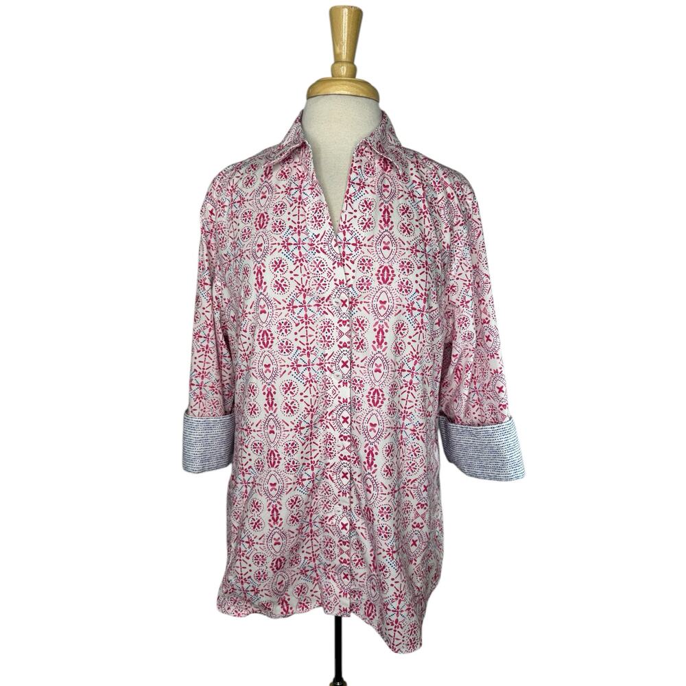 FOXCROFT Batik Print Button Up Easy Care Shirt Size XL Womens Pink Blue White